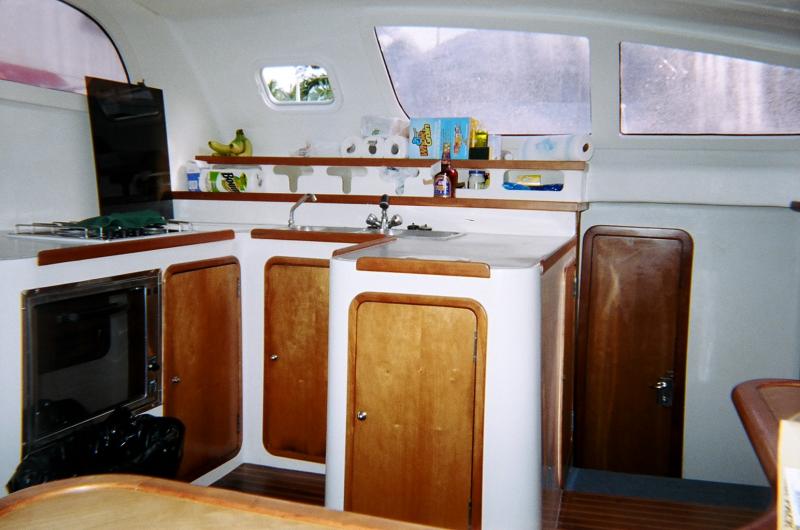 Kitchen (in the salon) on the ScubaCat.

(Click on image to view full-size image (1544x1024, 626 kb))