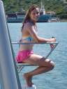 Kristen on the bow pulpit - leaving Road Harbour