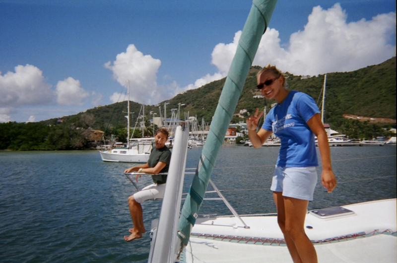 Britt and Mar on the bow - leaving Road Harbour

(Click on image to view full-size image (1544x1024, 593 kb))