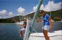 Britt and Mar on the bow - leaving Road Harbour