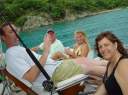 Tim, Pat, Roberta and Julie on the stern - Ayacanora - The Bight, Norman Island