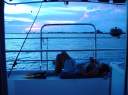 Resting on the stern of the ScubaCat - Anagada