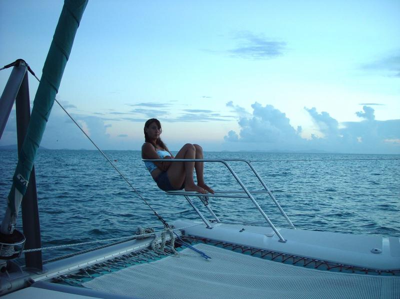 Kristen in her usual spot on the ScubaCat's bow pulpit - Anagada

(Click on image to view full-size image (1280x960, 234 kb))